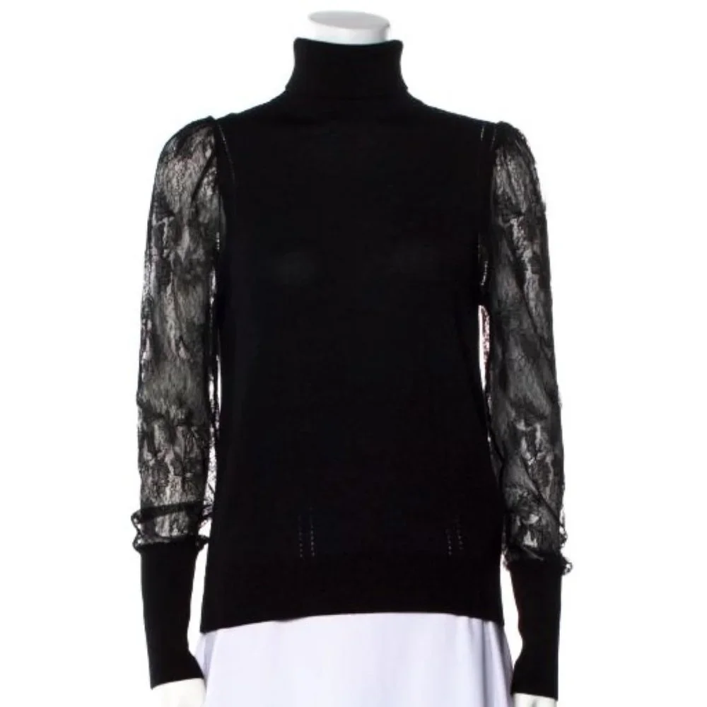Equipment Femme Black Wool Silk Knit Turtleneck Sheer Lace Sleeves Knit Long Cuf